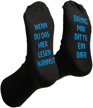 Schwarze Socken mit blauem Bier-Spruch